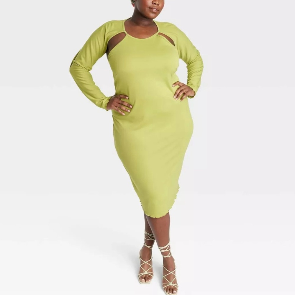 Sammy B Target Green Cut Out Midi Dress Long Sleeve Fitted Sheath Women XXL